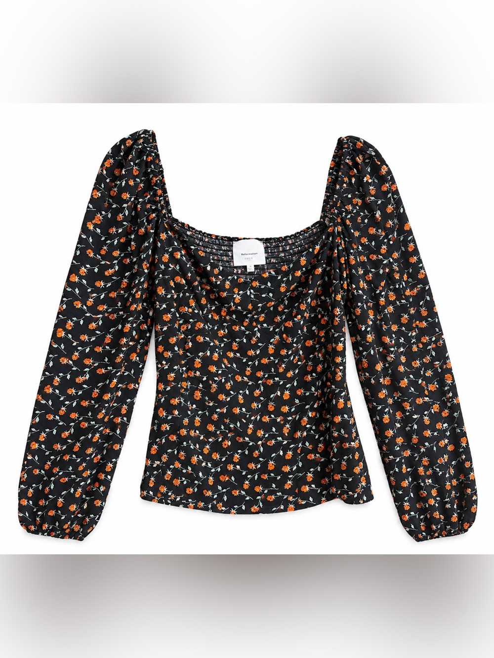Reformation Black Top with Orange Floral Print and Square Neckline / size 12
